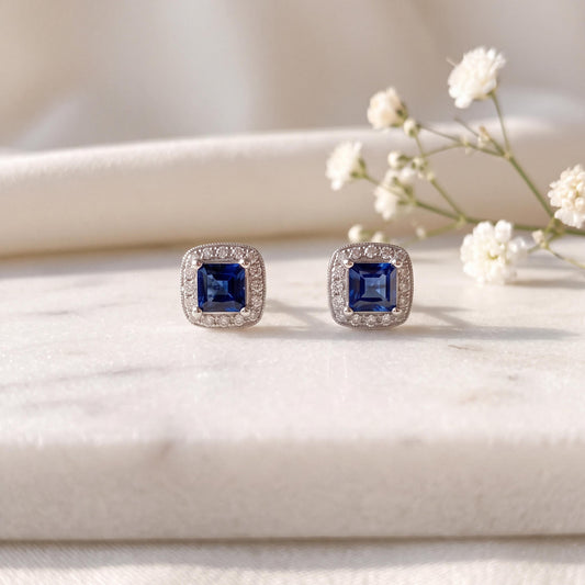 18k White Gold Princess Sapphire Diamond Halo Stud Earrings, September Birthstone
