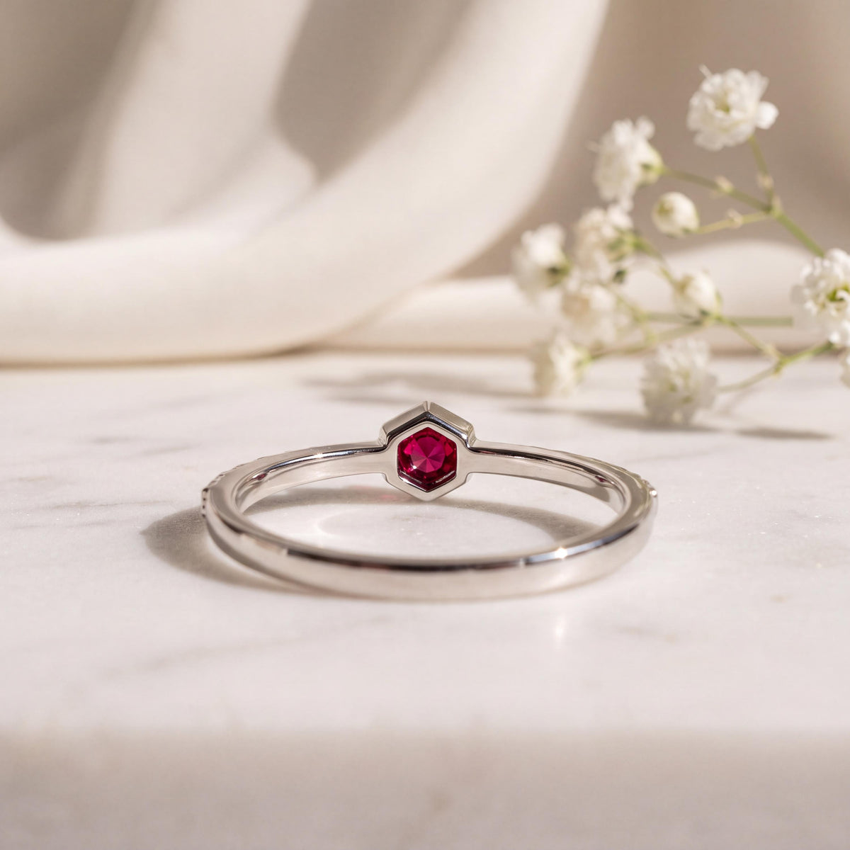 14k Solid White Gold Ruby Diamond Halo Ring, July Birthstone Gift