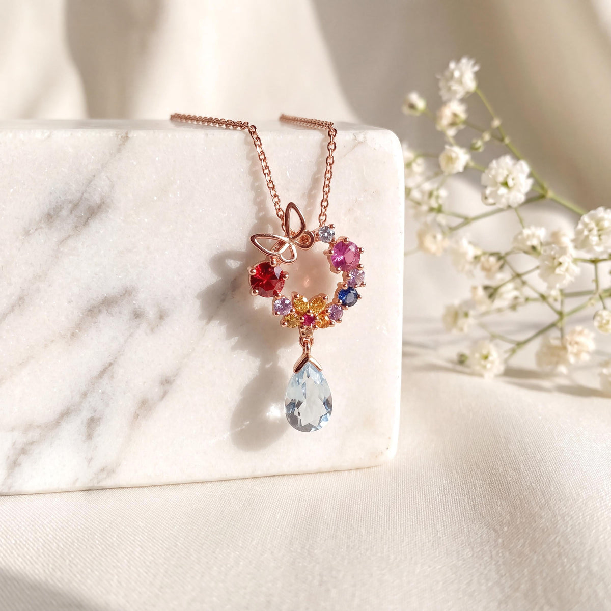 18k Solid Rose Gold Butterfly Wreath Pendant, Multi-Color Sapphire & Diamond, September Birthstone Gift
