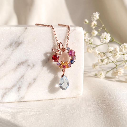 18k Solid Rose Gold Butterfly Wreath Pendant, Multi-Color Sapphire & Diamond, September Birthstone Gift