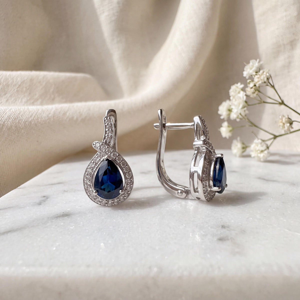 14k Solid White Gold Teardrop Hoop Earrings, Sapphire & Diamond, September Birthstone Gift