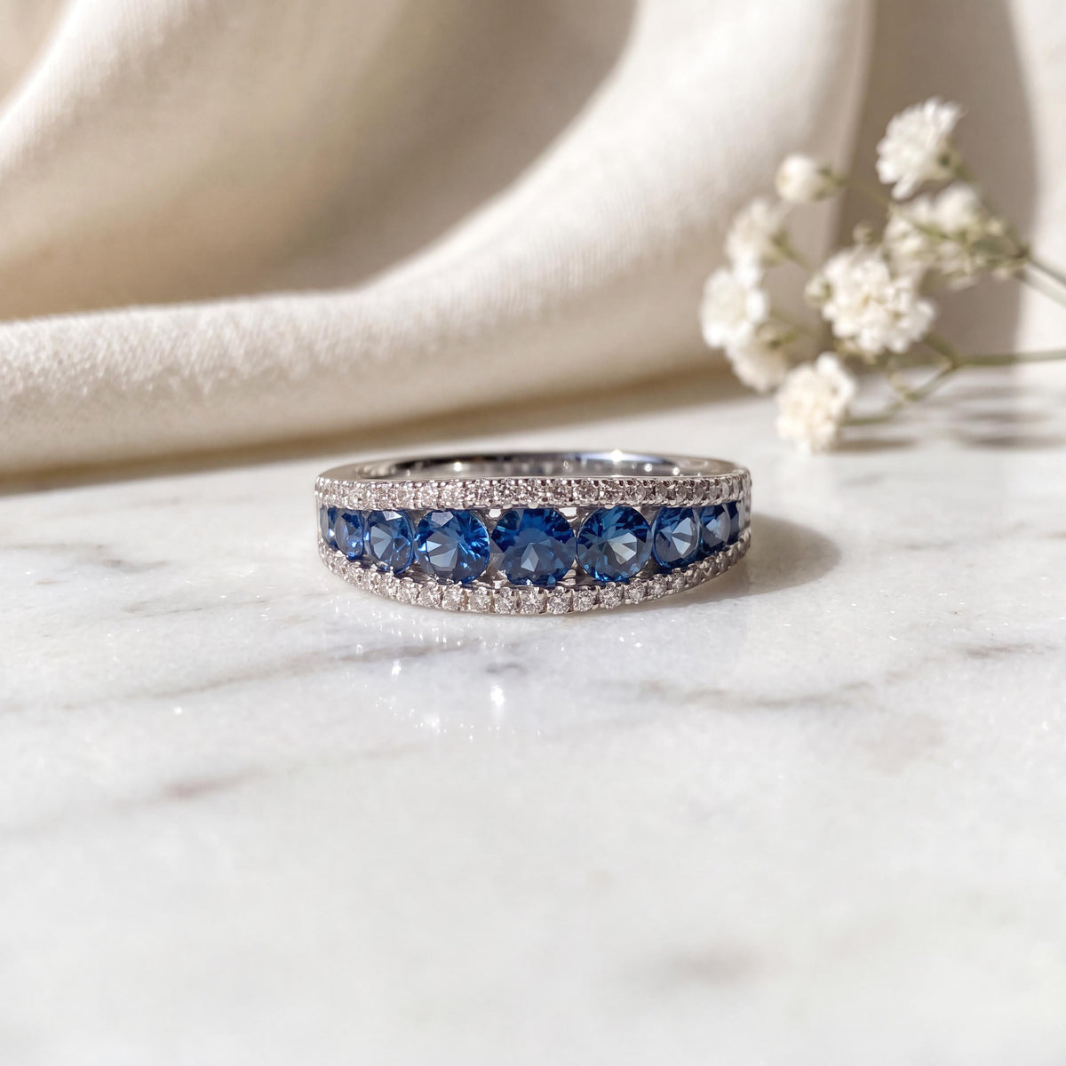14k Solid White Gold Half Eternity Ring, Round Sapphire & Diamonds, September Birthstone Gift