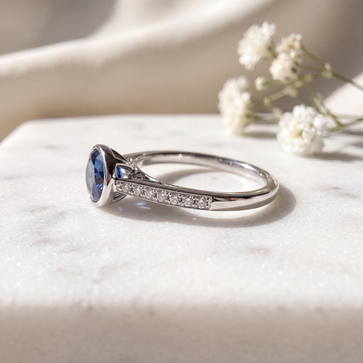 Genuine Sapphire Bezel Ring with Diamond Accents, 14k Solid White Gold, September Birthstone Gift
