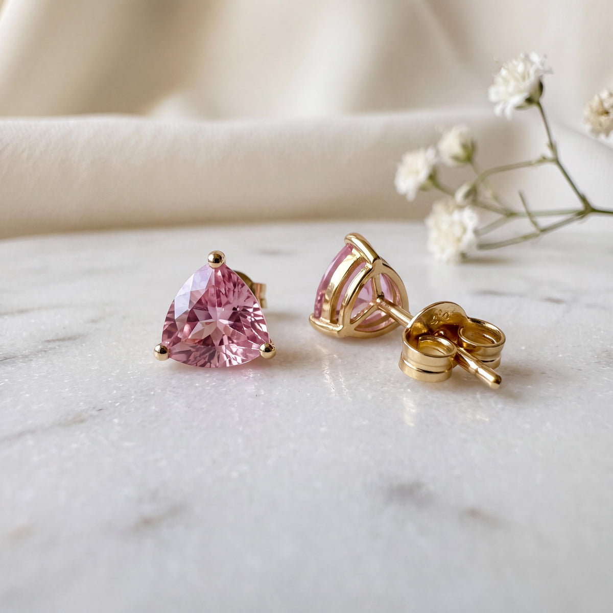 Genuine Pink Sapphire Trillion Cut Stud Earrings, 14k Solid Gold, September Birthstone Gift
