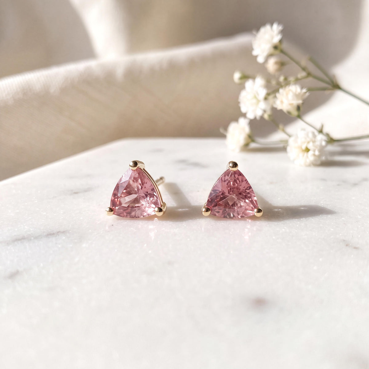 Genuine Pink Sapphire Trillion Cut Stud Earrings, 14k Solid Gold, September Birthstone Gift