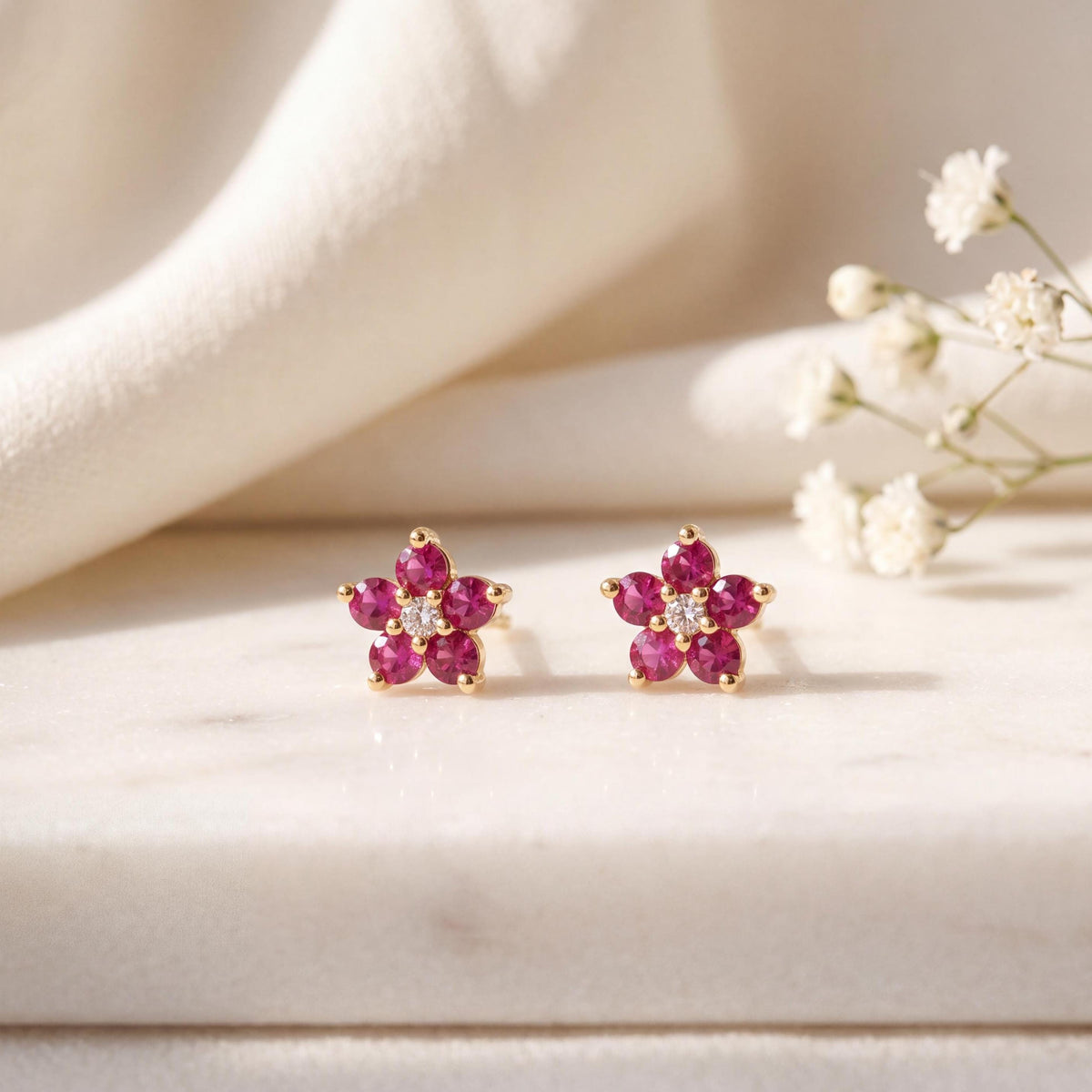 14k Solid Yellow Gold Dark Pink Sapphire Diamond Flower Stud Earrings, September Birthstone Gift