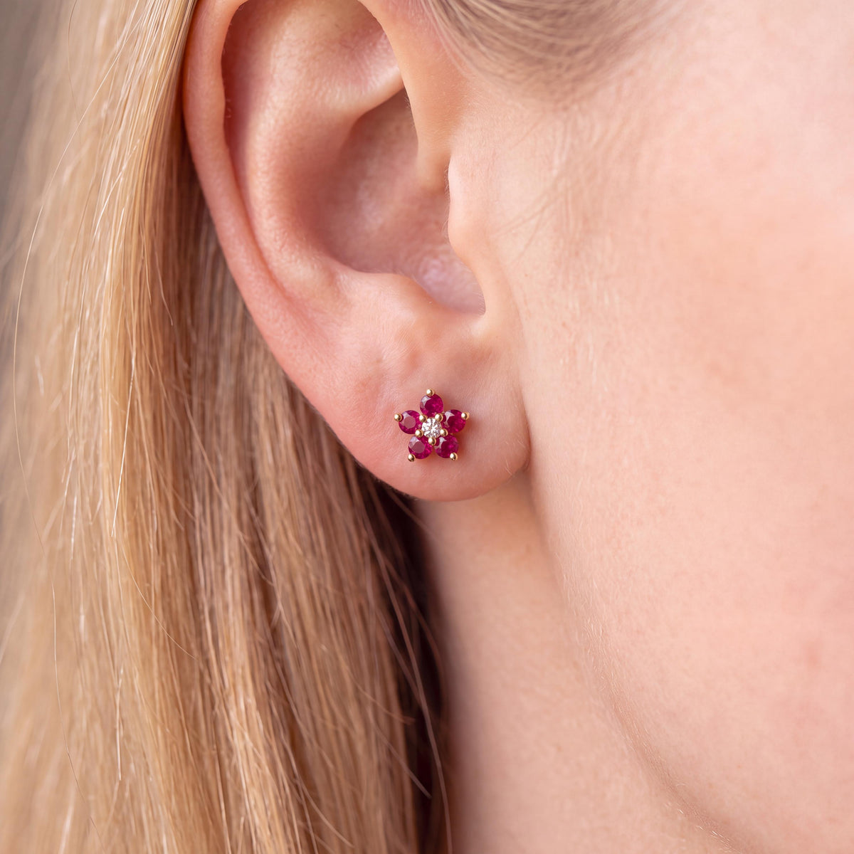 14k Solid Yellow Gold Dark Pink Sapphire Diamond Flower Stud Earrings, September Birthstone Gift