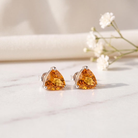 Genuine Citrine Trillion Checkerboard Cut Studs in 14k Solid White Gold