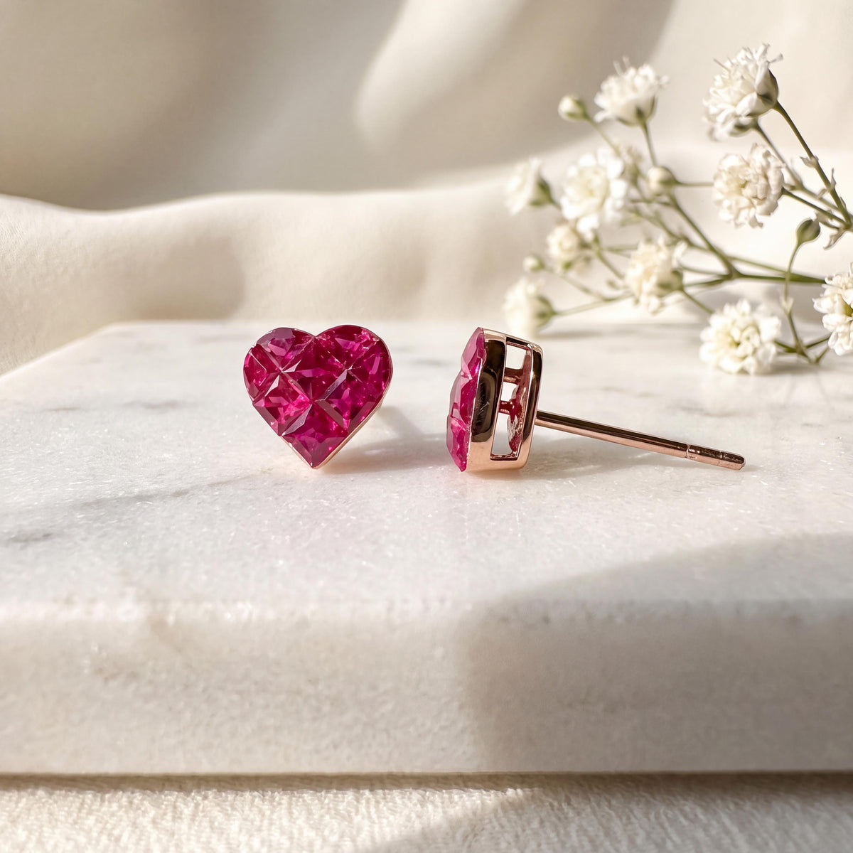 Genuine Ruby Pavé Heart Stud Earrings, 18k Yellow Gold, July Birthstone, Gift for Her
