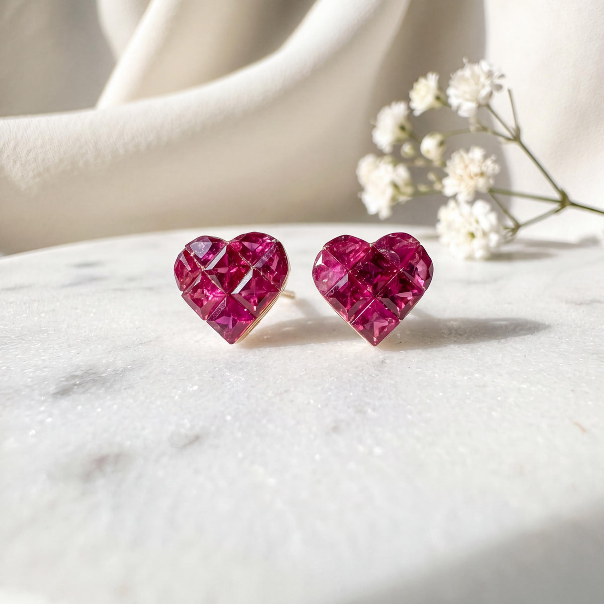 Genuine Ruby Pavé Heart Stud Earrings, 18k Yellow Gold, July Birthstone, Gift for Her