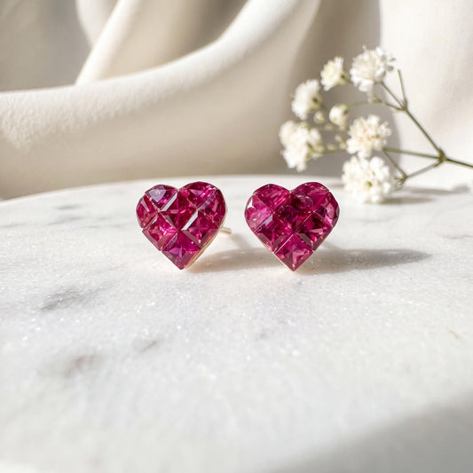 Genuine Ruby Pavé Heart Stud Earrings, 18k Yellow Gold, July Birthstone, Gift for Her
