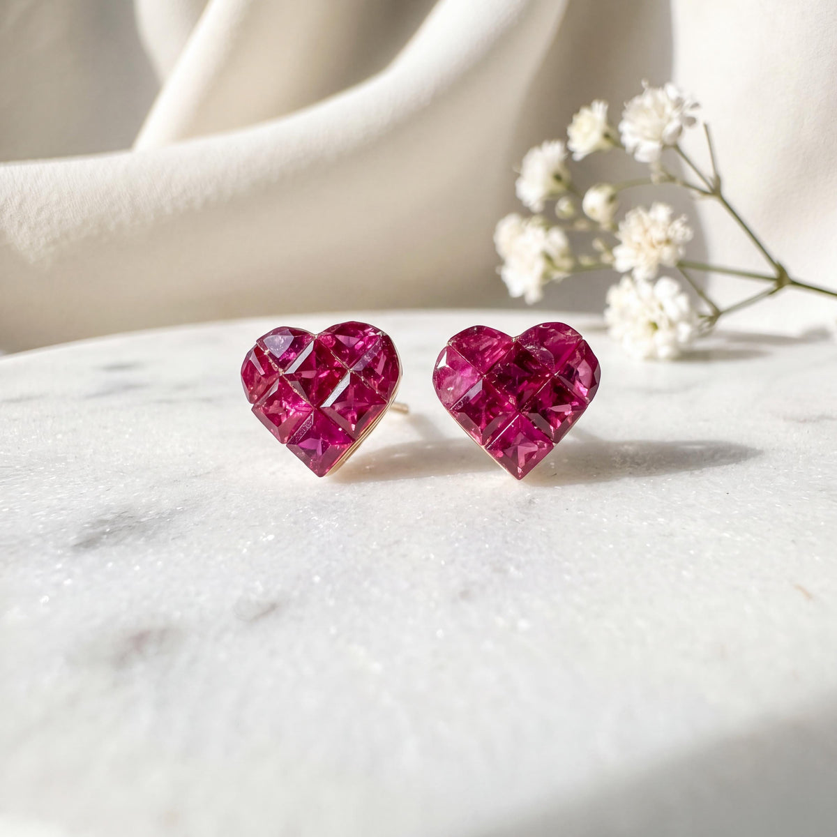 Genuine Ruby Pavé Heart Stud Earrings, 14k White or Rose Gold, July Birthstone, Gift for Her