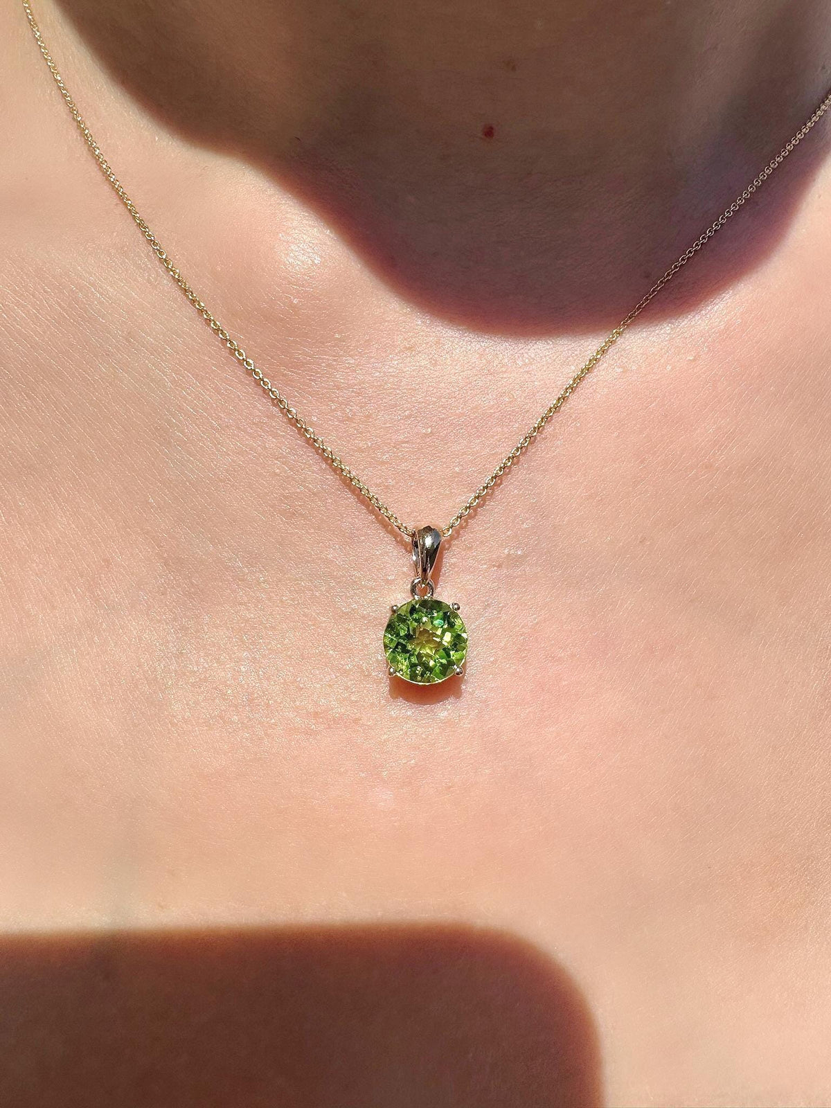 Genuine Peridot Solitaire Round 7mm Pendant in 14k Solid Gold