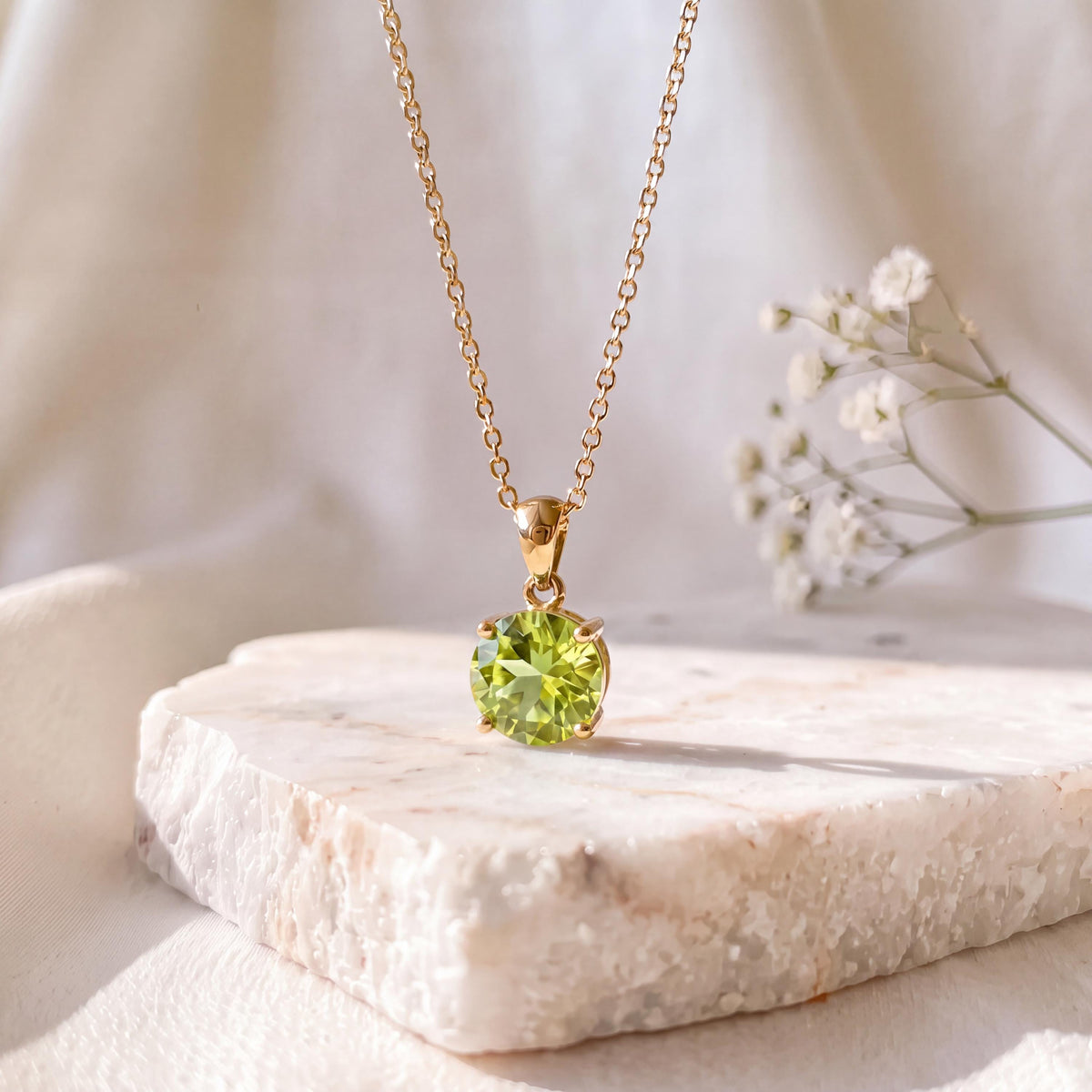 Genuine Peridot Solitaire Round 7mm Pendant in 14k Solid Gold