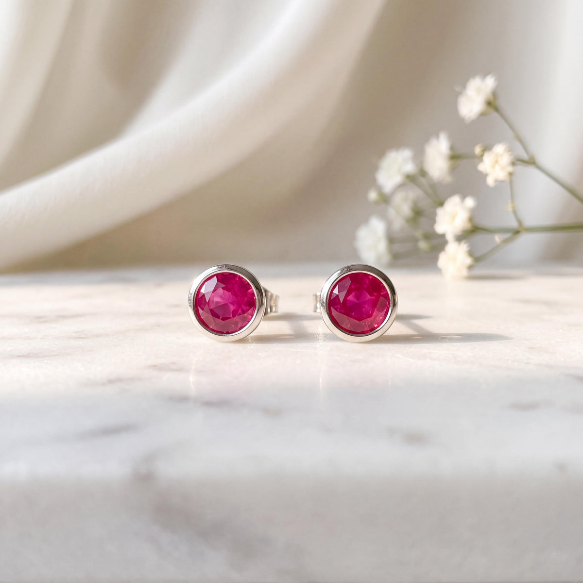 14k Solid Gold Ruby Bezel Stud Earrings, 4.5mm Round, July Birthstone