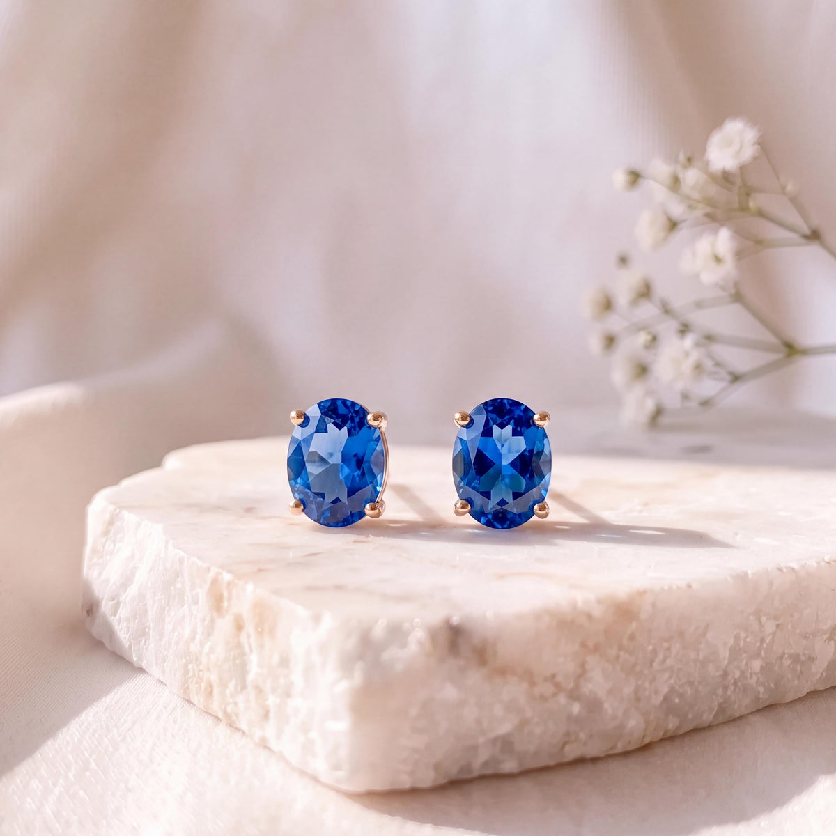 Genuine Sapphire Oval Cut Stud Earrings / 14K Solid Gold