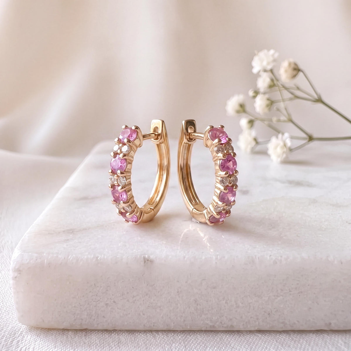 14k Rose Gold Huggie Hoop Earrings, Pink Sapphire & Diamond, September Birthstone