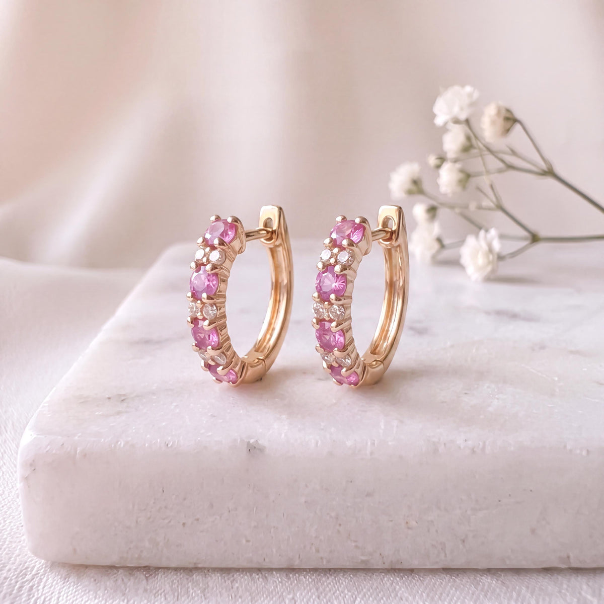 14k Rose Gold Huggie Hoop Earrings, Pink Sapphire & Diamond, September Birthstone