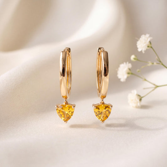 Genuine Yellow Sapphire Heart Hoop Earrings in 14k Solid Gold