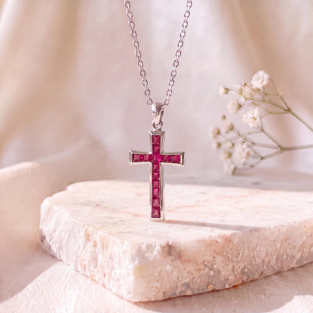 Genuine Ruby Tapered Cross Pendant | 18k Solid Gold
