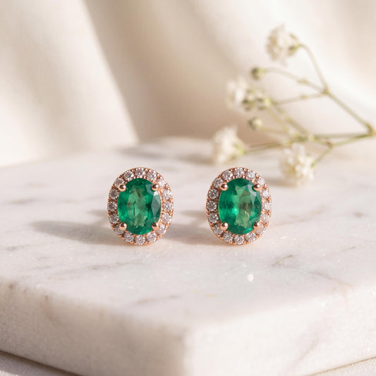 18k Rose Gold Oval Emerald Diamond Halo Stud Earrings, May Birthstone