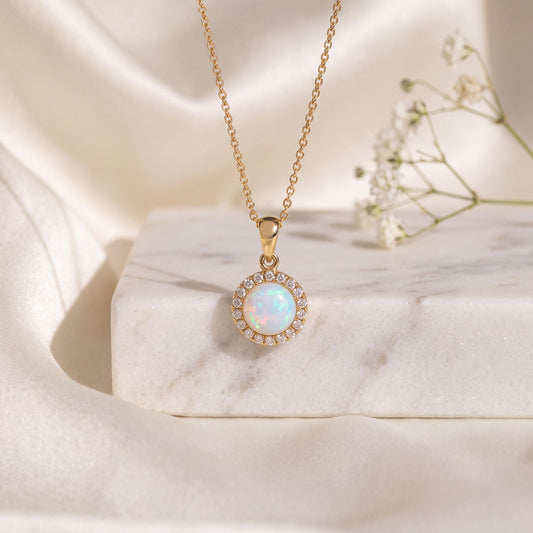 Genuine Opal and Diamond Halo Pendant, 14k Solid Gold, October Birthstone, Gift for Her