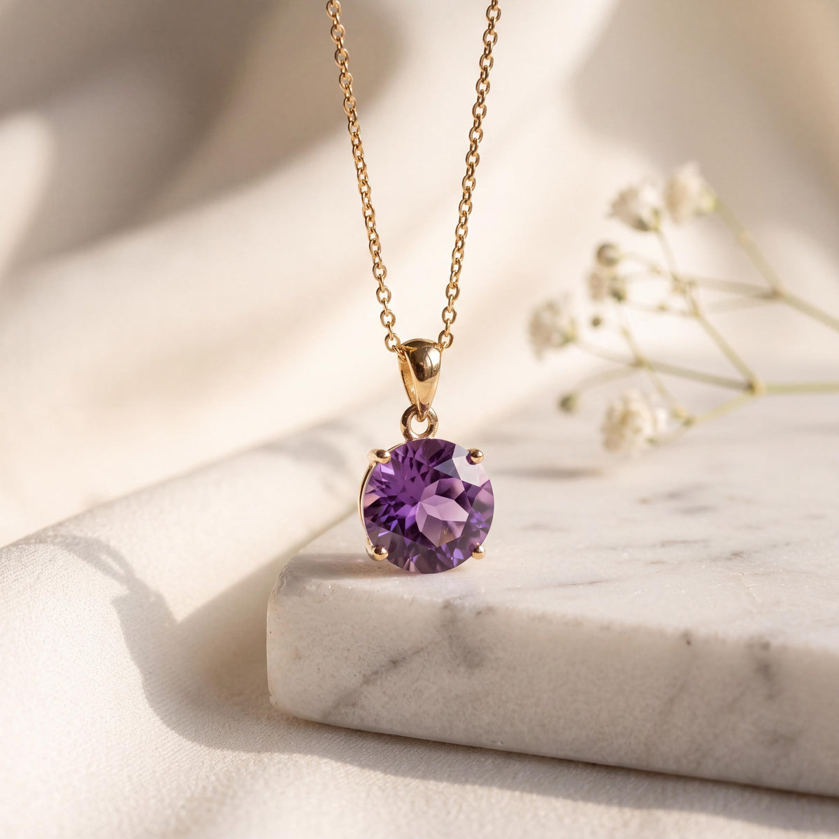 Genuine Amethyst Round Cut Pendant, 6.7mm, 14k Solid Gold, February Birthstone Gift