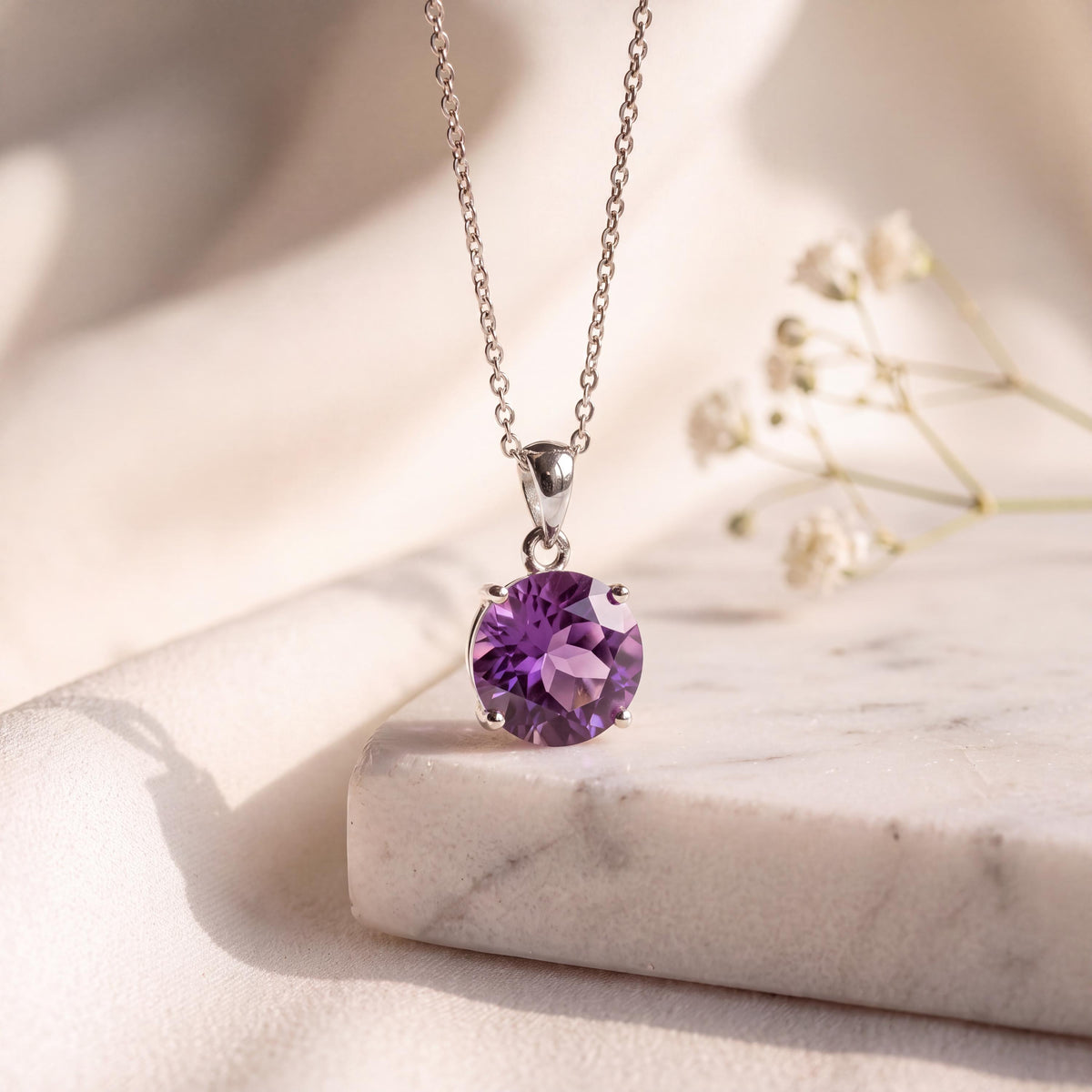 Genuine Amethyst Round Cut Pendant, 6.7mm, 14k Solid Gold, February Birthstone Gift