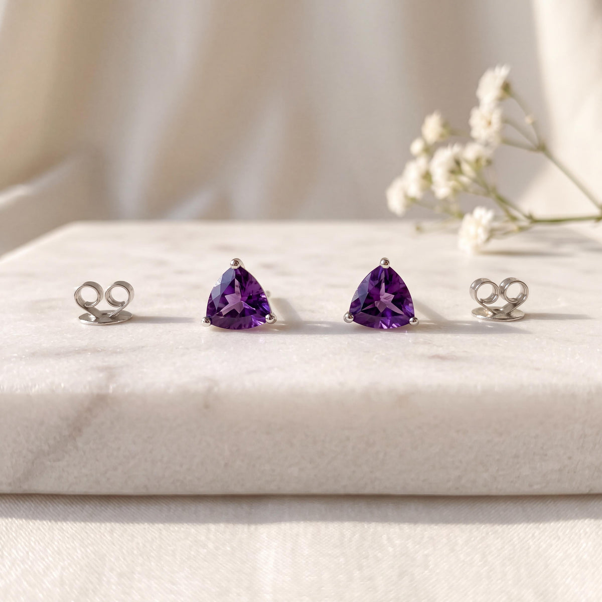 Genuine Amethyst Trillion Cut Stud Earrings, 14k Solid White Gold, February Birthstone, Gift for Her