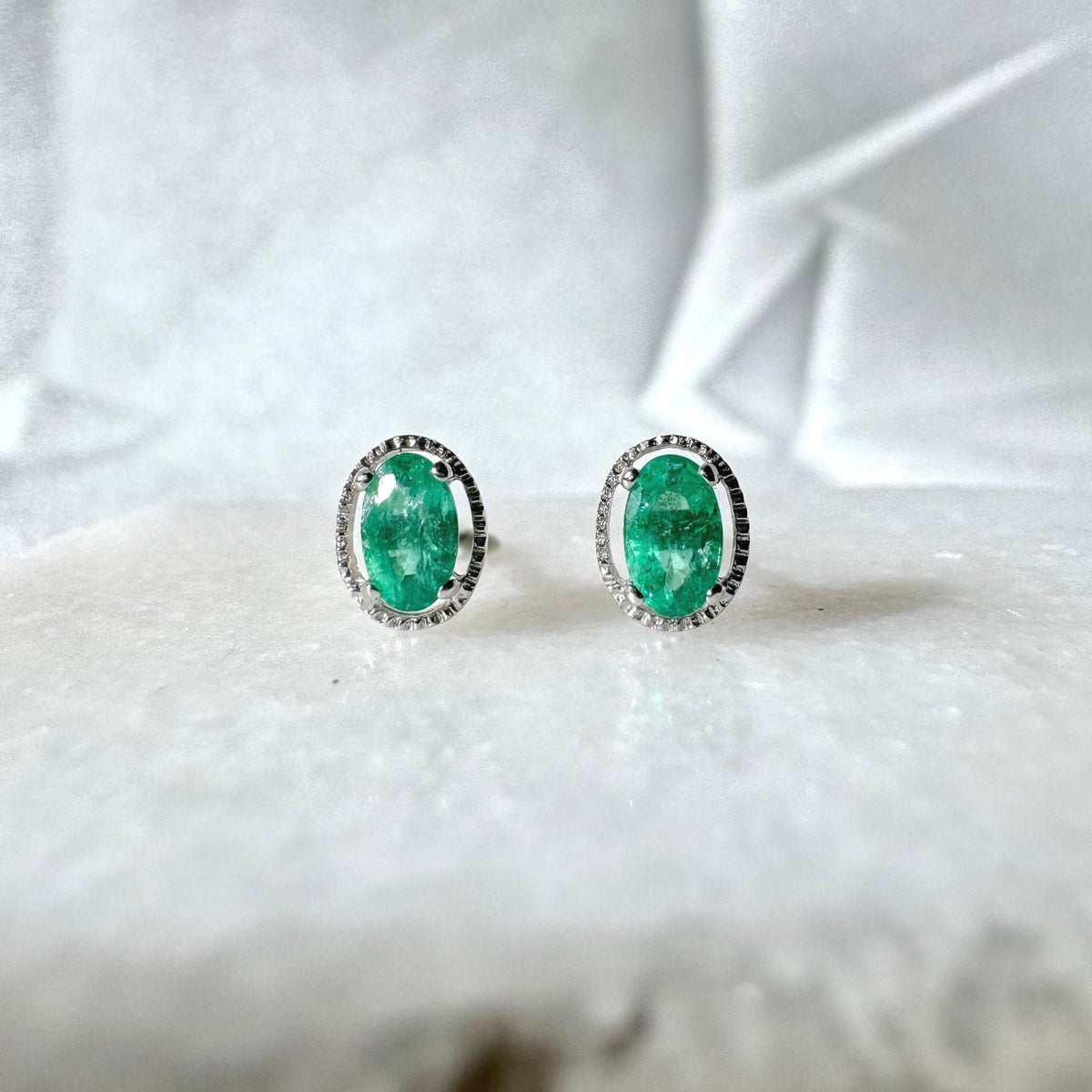 14k White Gold Oval Emerald Stud Earrings, May Birthstone, Solid Gold Jewelry