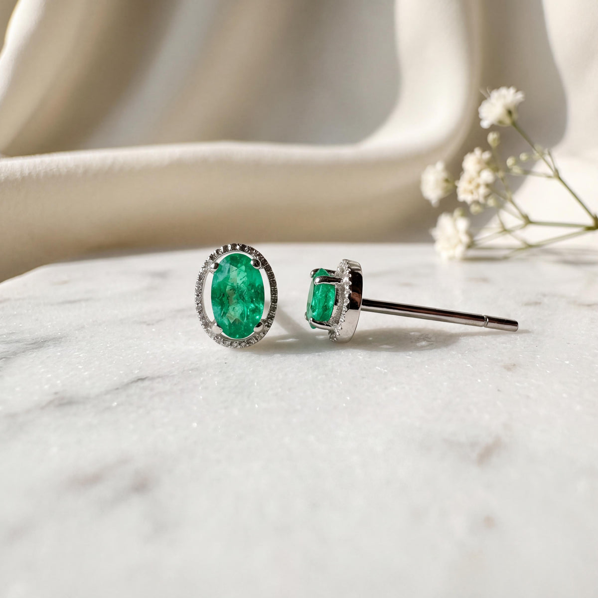 14k White Gold Oval Emerald Stud Earrings, May Birthstone, Solid Gold Jewelry