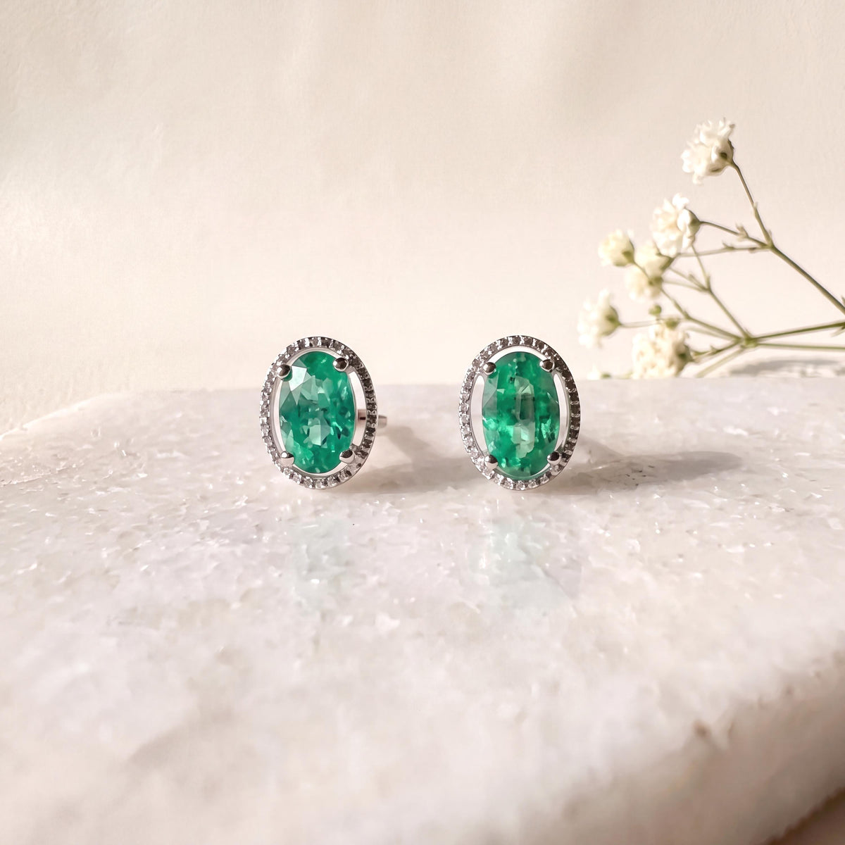 14k White Gold Oval Emerald Stud Earrings, May Birthstone, Solid Gold Jewelry