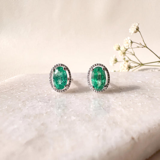 14k White Gold Oval Emerald Stud Earrings, May Birthstone, Solid Gold Jewelry