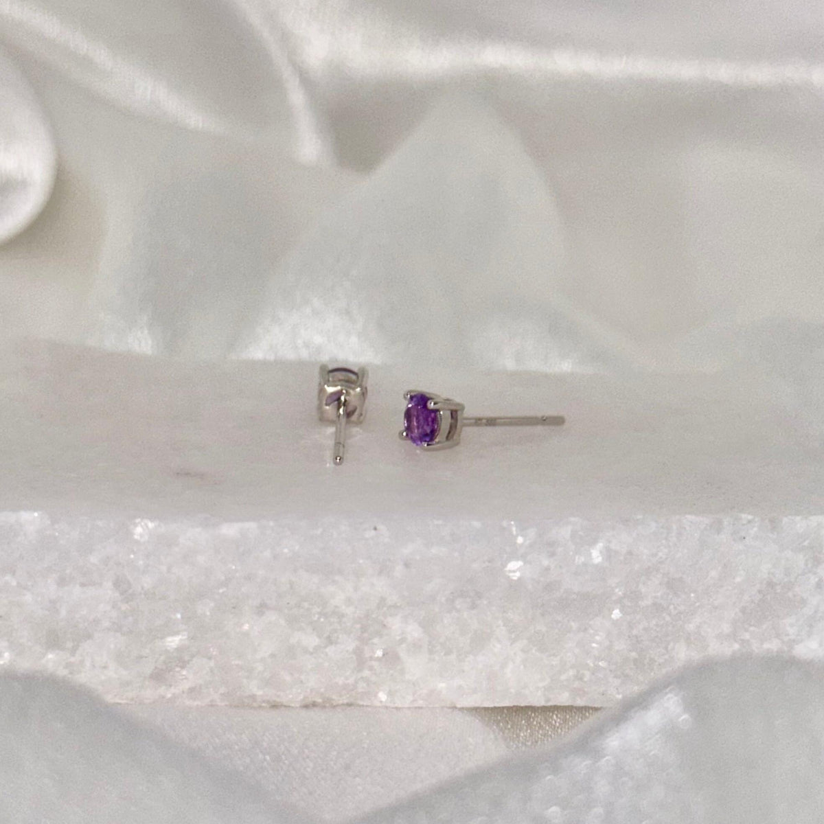 14k White Gold Amethyst Stud Earrings, 4mm Round Solitaire, February Birthstone