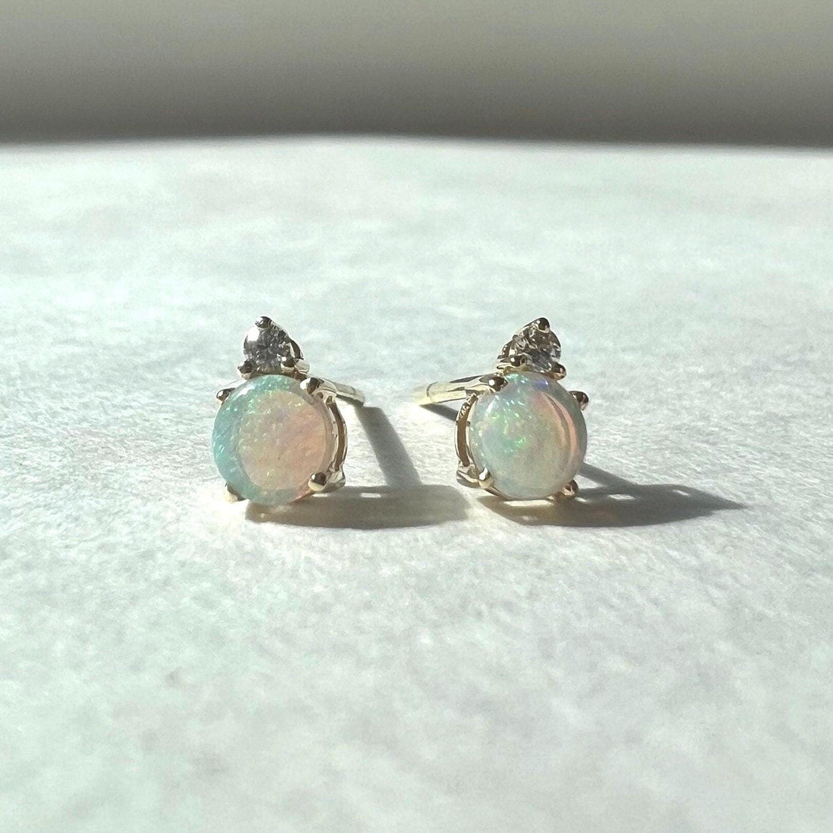 14k Gold Opal Diamond Stud Earrings, 4mm Round Cut, October Birthstone