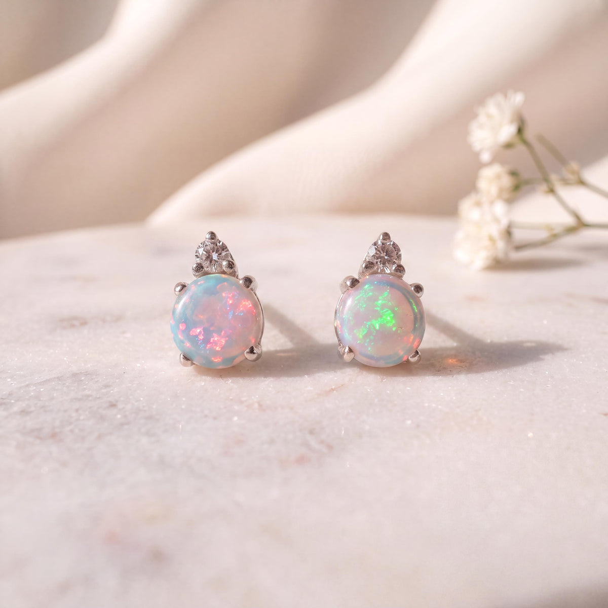 14k Gold Opal Diamond Stud Earrings, 4mm Round Cut, October Birthstone