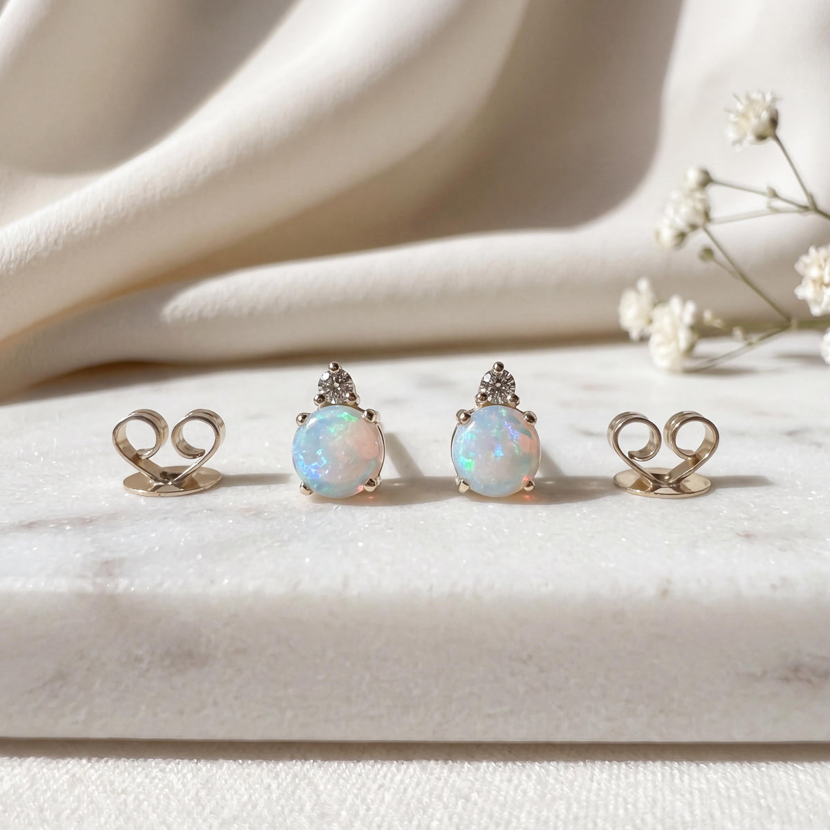 14k Gold Opal Diamond Stud Earrings, 4mm Round Cut, October Birthstone