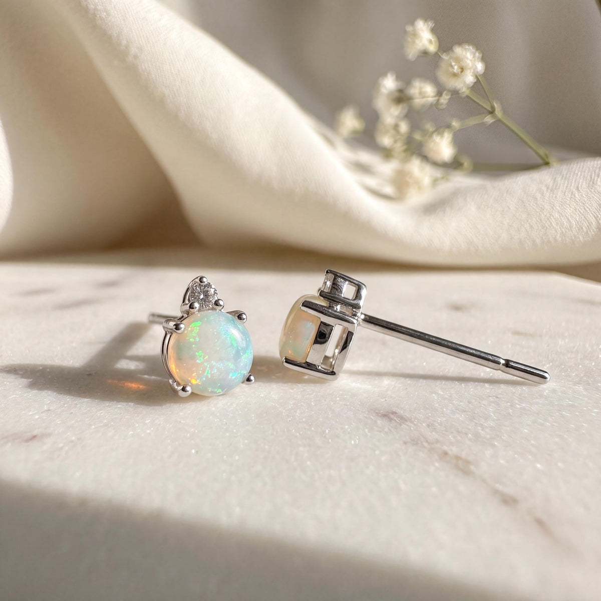 14k Gold Opal Diamond Stud Earrings, 4mm Round Cut, October Birthstone