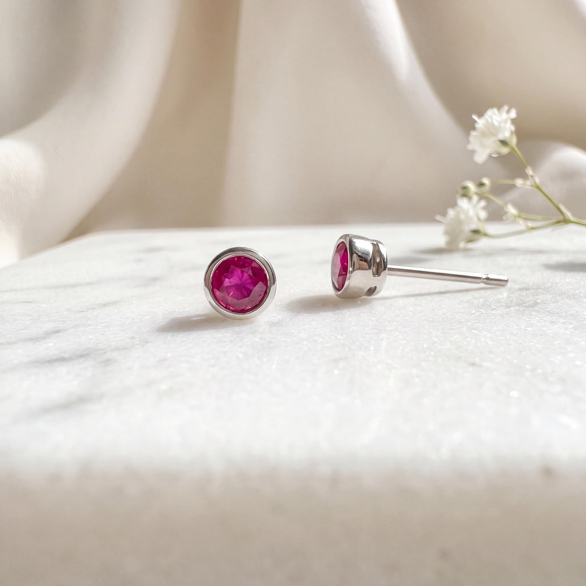 14k Solid Gold Ruby Bezel Stud Earrings, 4.5mm Round, July Birthstone
