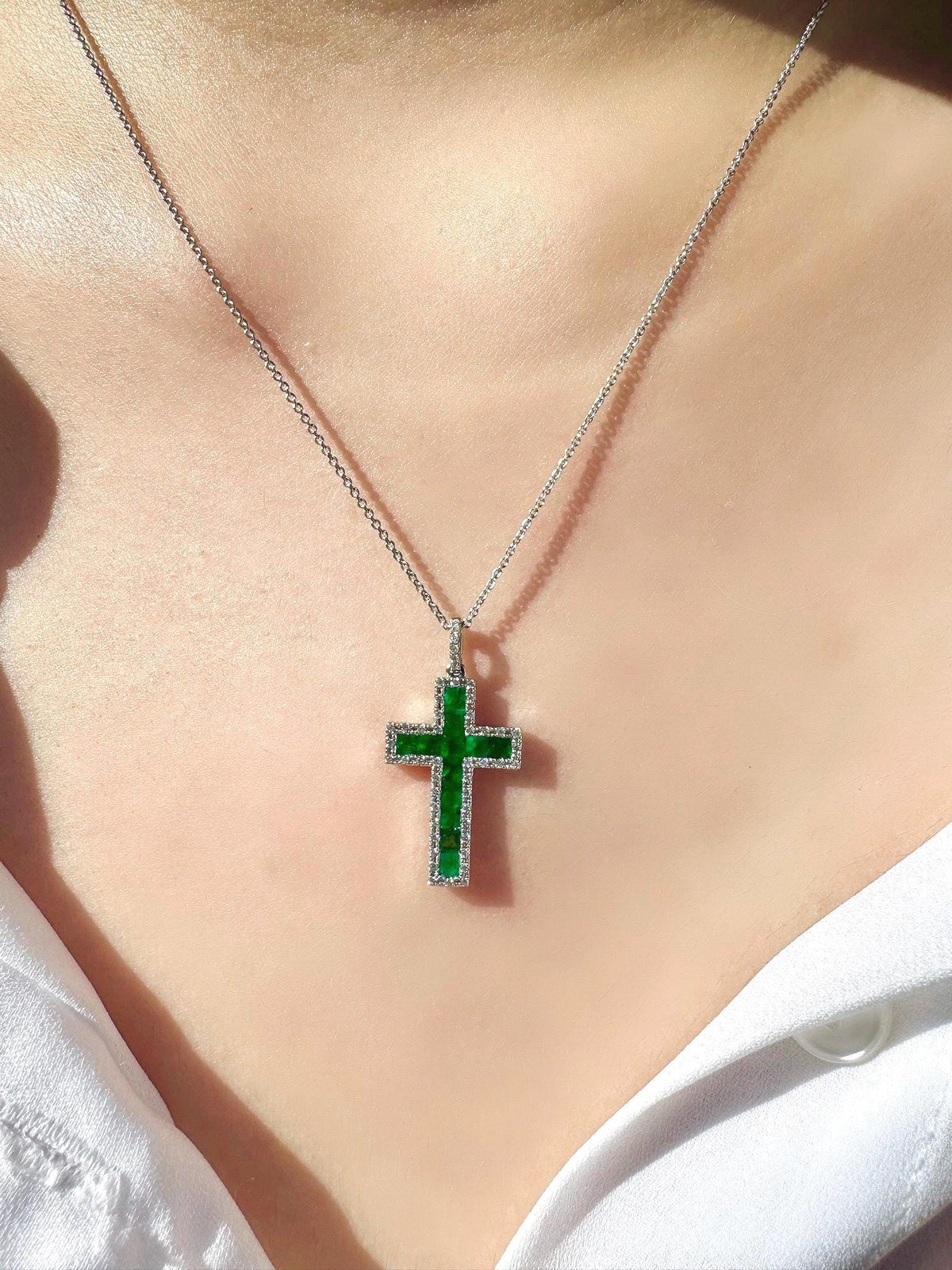 Genuine Emerald and Diamond Halo Cross Pendant, 14k Solid White Gold, May Birthstone, Gift for Her