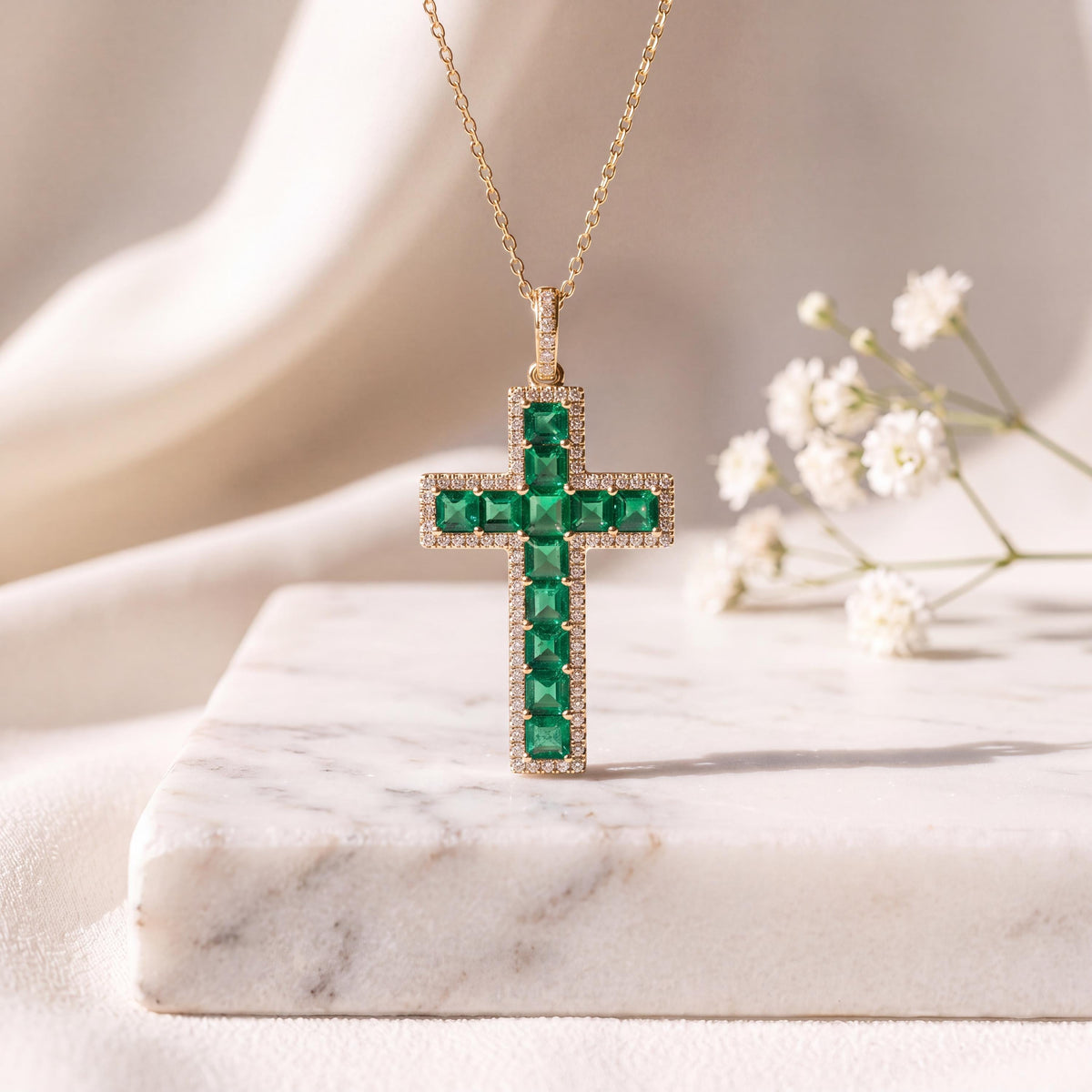 Genuine Emerald and Diamond Halo Cross Pendant, 14k Solid White Gold, May Birthstone, Gift for Her
