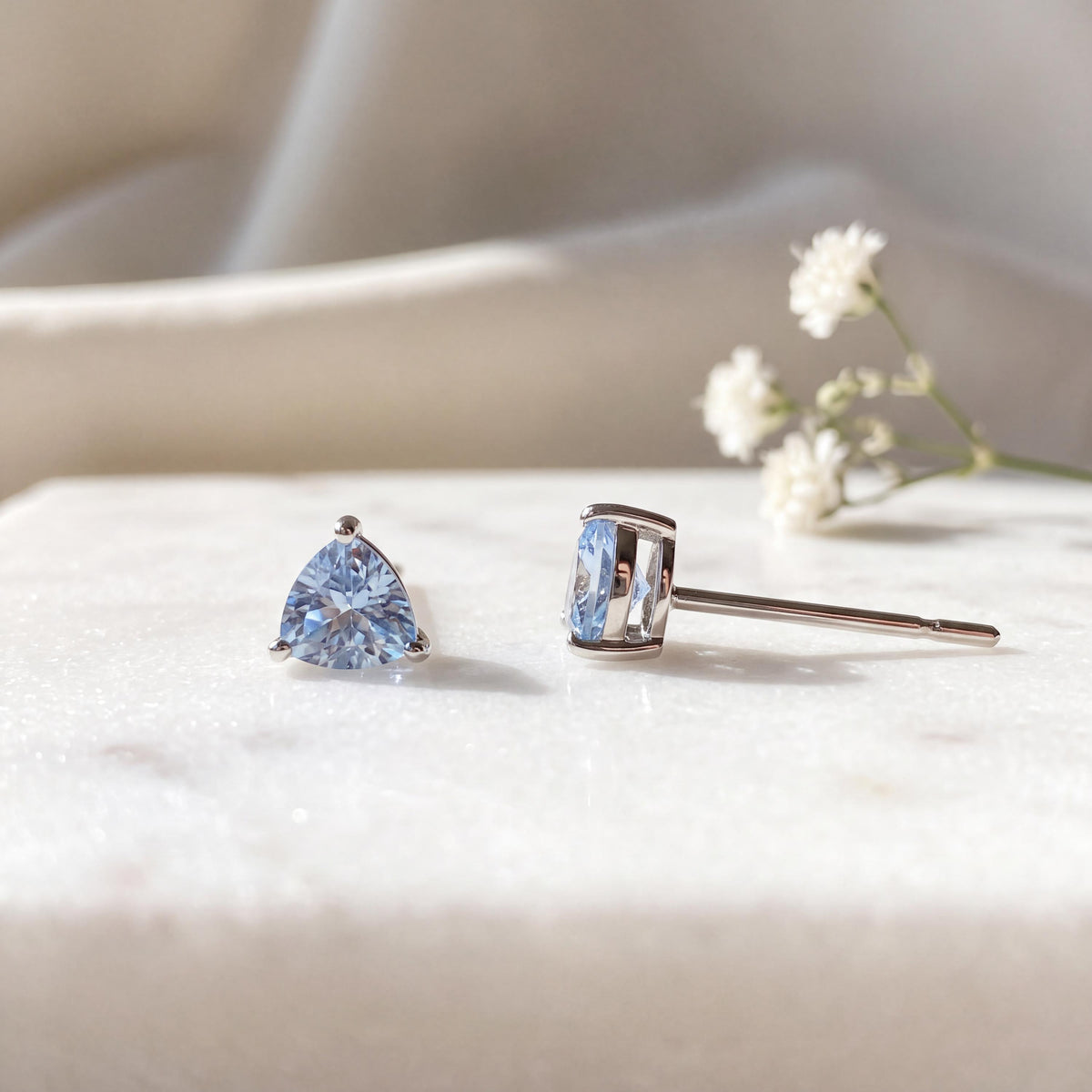 Genuine Ceylon Sapphire Trillion Cut Stud Earrings, 14k Solid Yellow Gold, September Birthstone Gift