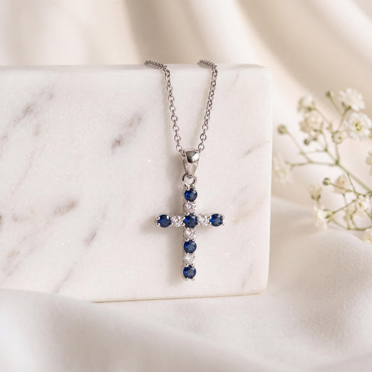14k White Gold Sapphire Diamond Cross Pendant, September Birthstone Jewelry
