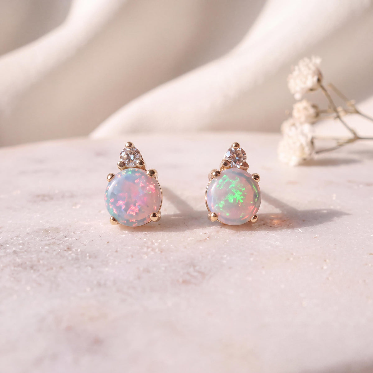14k Gold Opal Diamond Stud Earrings, 4mm Round Cut, October Birthstone