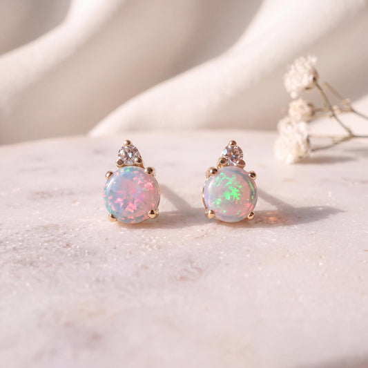 14k Gold Opal Diamond Stud Earrings, 4mm Round Cut, October Birthstone