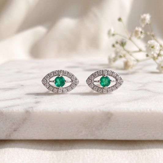 Genuine Emerald and Diamond Marquise Halo Stud Earrings, 14k Solid White Gold, May Birthstone