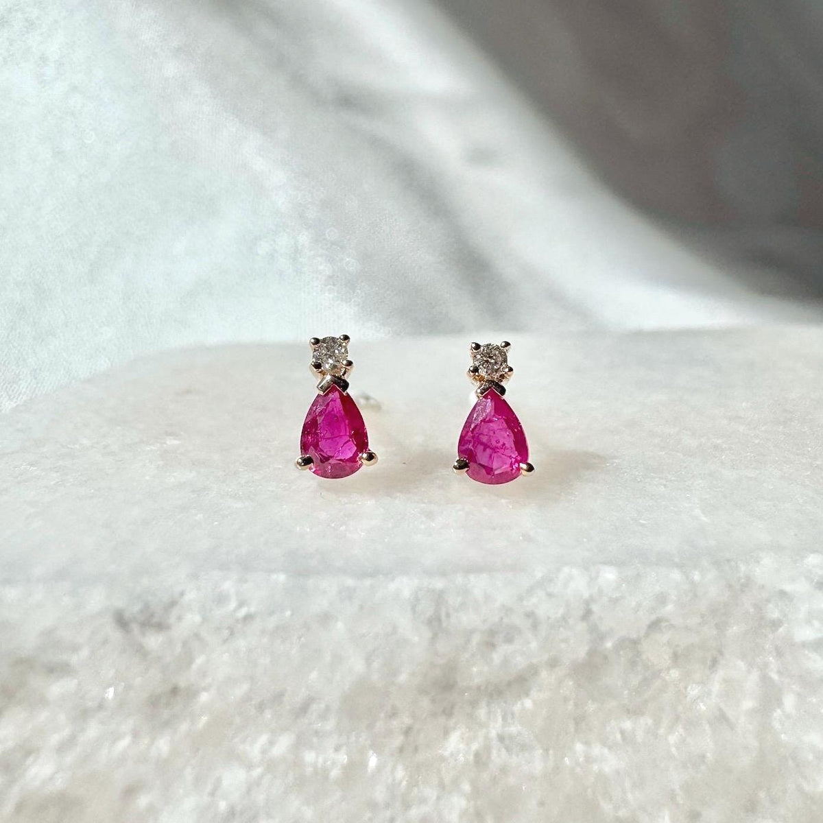 14k Solid Gold Ruby Diamond Teardrop Stud Earrings, July Birthstone Gift