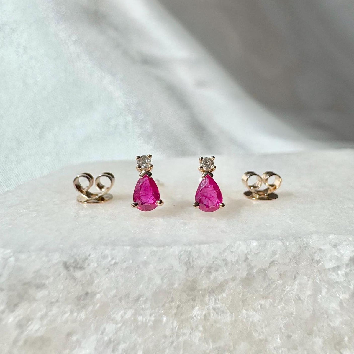 14k Solid Gold Ruby Diamond Teardrop Stud Earrings, July Birthstone Gift