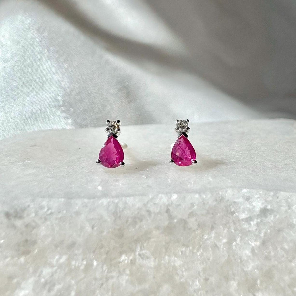 14k Solid Gold Ruby Diamond Teardrop Stud Earrings, July Birthstone Gift