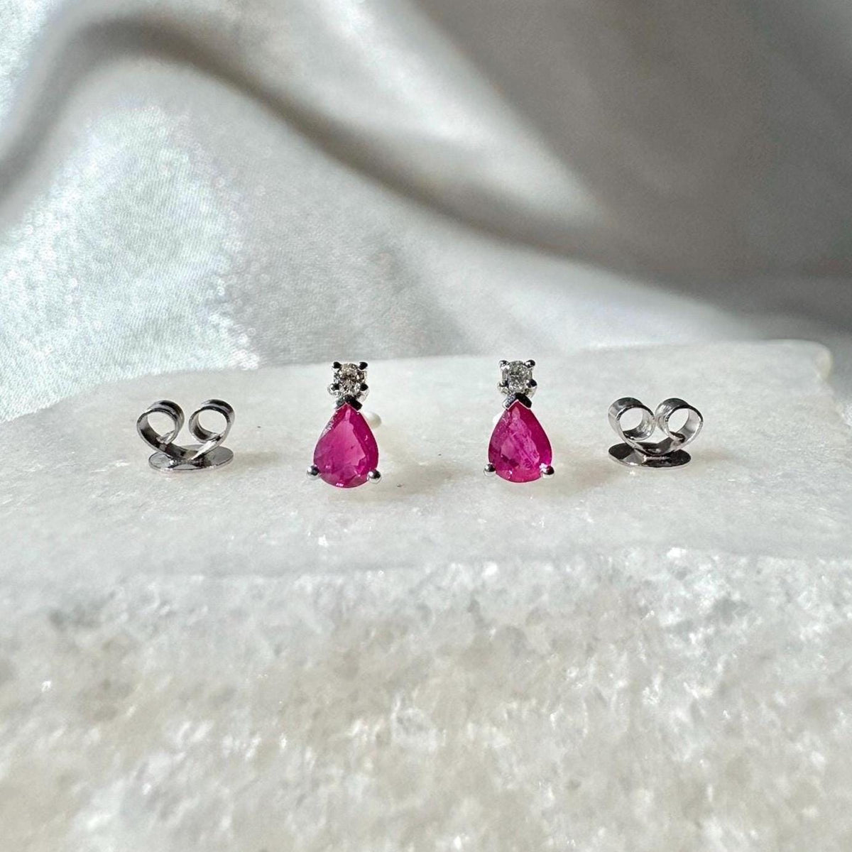 14k Solid Gold Ruby Diamond Teardrop Stud Earrings, July Birthstone Gift